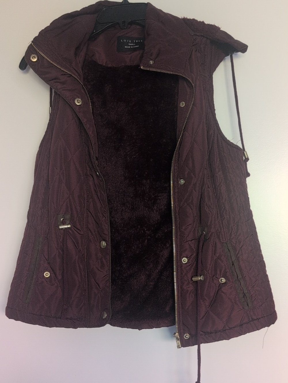 Love Tree Quilted Vest in Deep Plum with Faux-Fur Lining